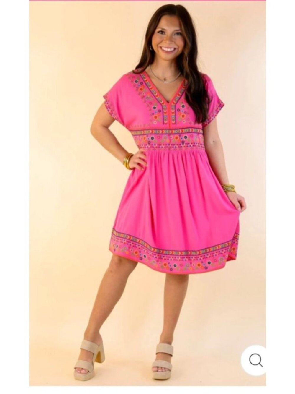 Savanna Jane Boho Embroidered Babydoll Mini Dress L Hot Pink Fuchsia Floral